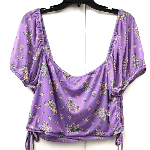 Love, Fire Plus Mesh Crop Top Cap Sleeve Purple Floral NWT - Picture 2 of 6